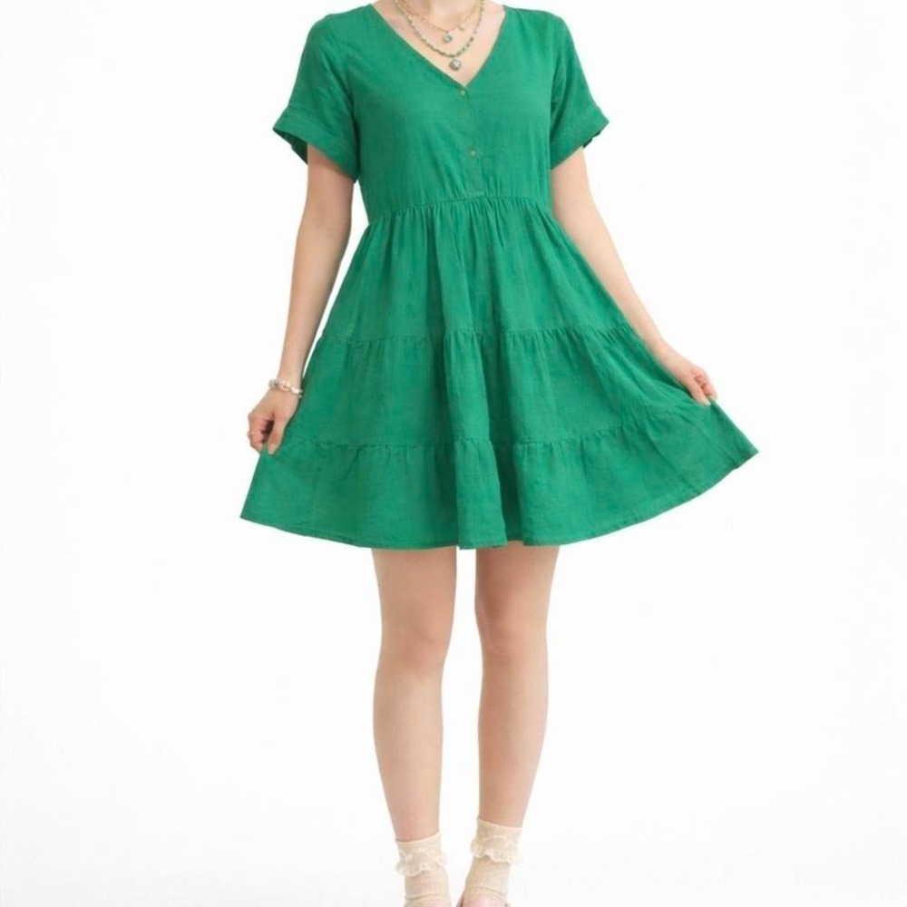 UMGEE Kelly Emerald Green Linen Rayon Tiered Babydoll Mini Dress Short Sleeve M